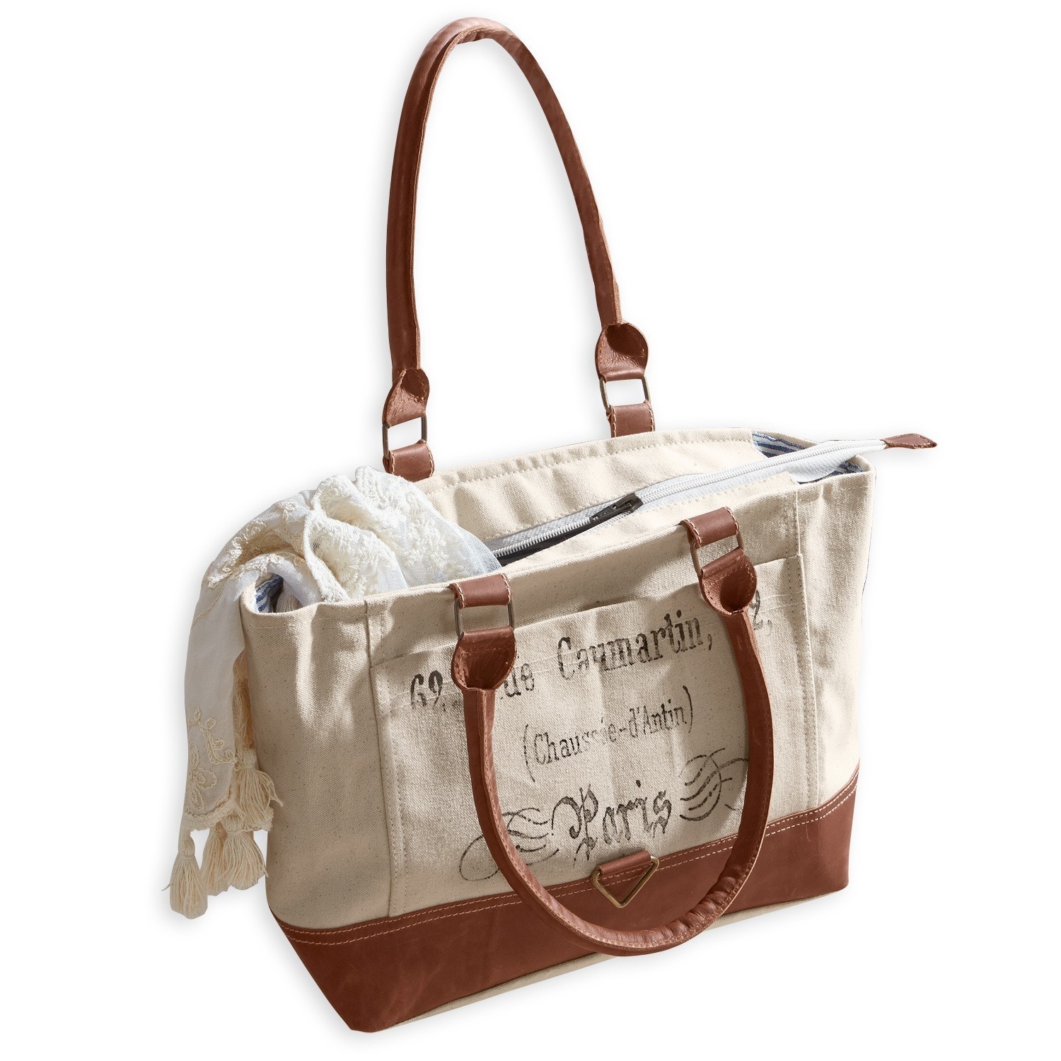 Sac beige en tissu avec poignées en cuir marron et impression vintage pour un style décontracté