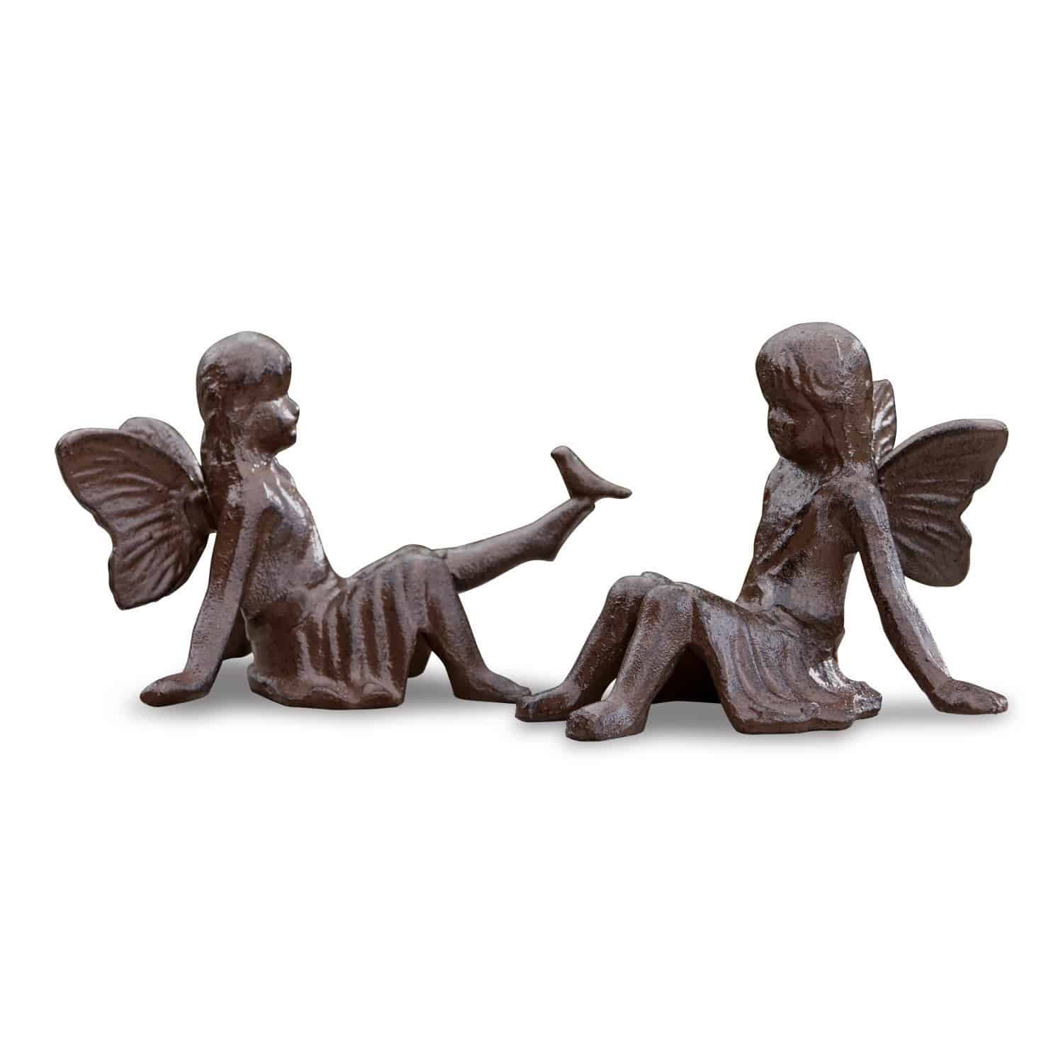 Lot de 2 figurines décoratives Papille Deux figurines de fées en métal brun assises, décoration de jardin élégante