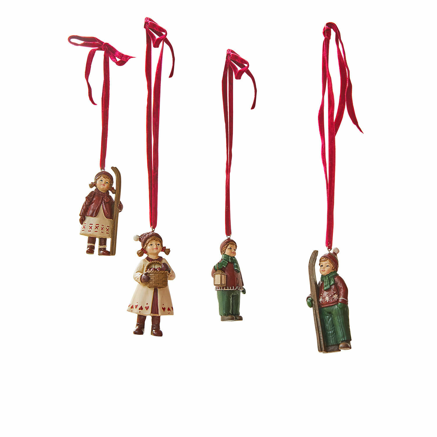 Hanger set van 4 Helgelund Set van vier kerstversieringen met kinderfiguren in winterkleding aan rode linten om op te hangen