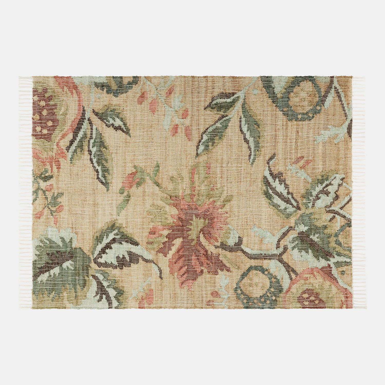 Tapis Lorviano Tapis en matériau naturel beige avec motif floral vert et rouge, décoration intérieure élégante
