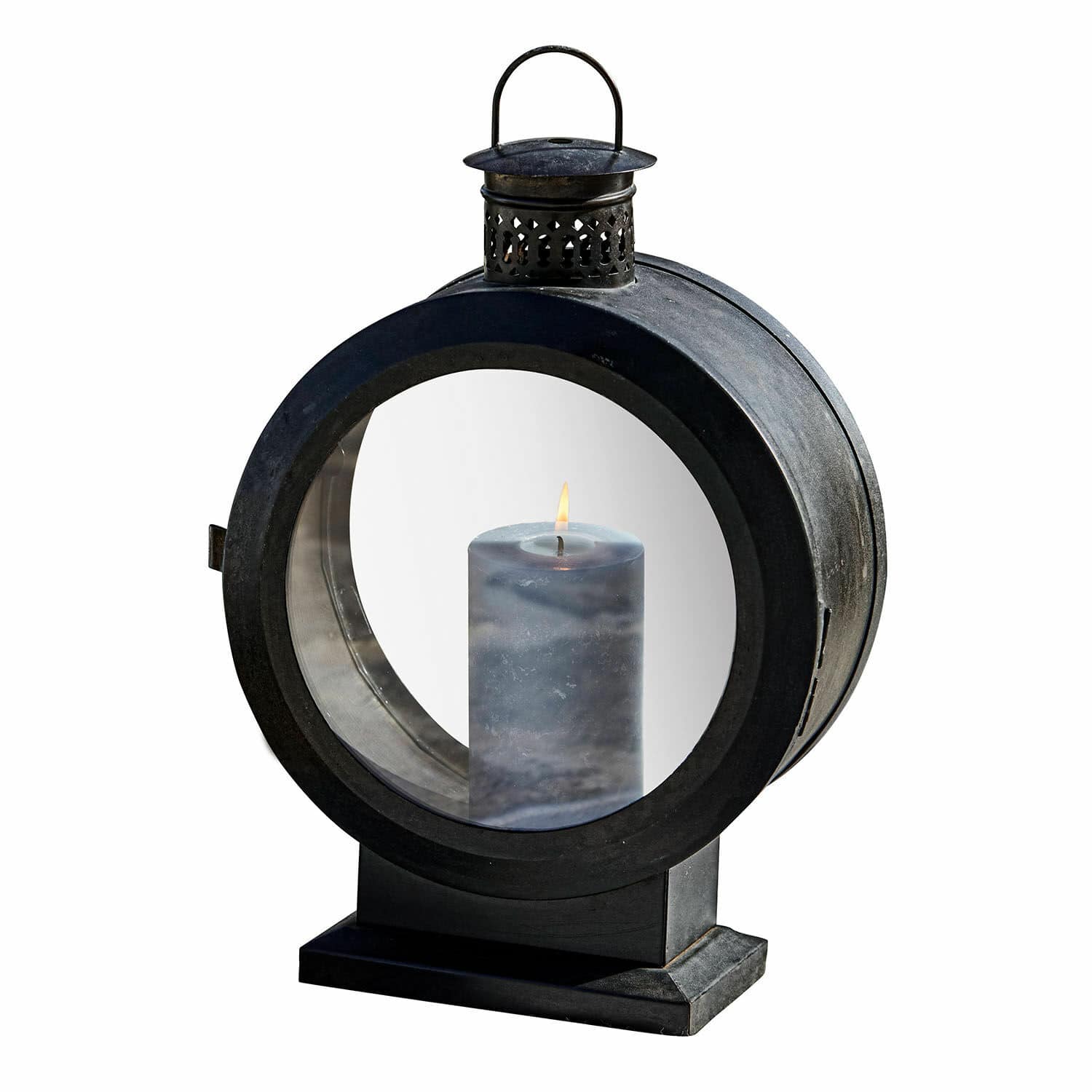 Lanterne Vers Lanterne noire en métal avec verre rond et bougie bleue pour décoration intérieure et extérieure