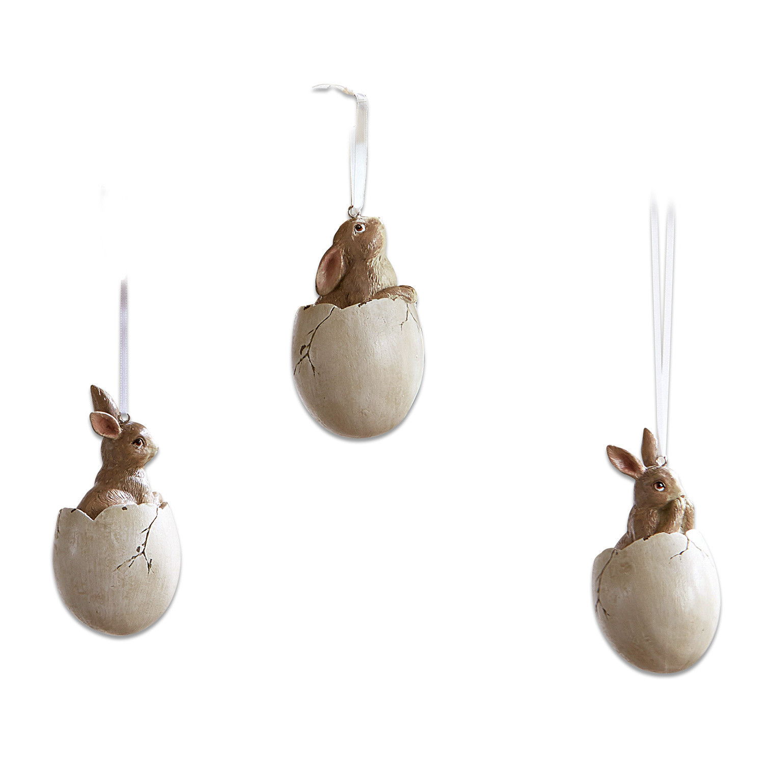 Hanger set van 3 Marlin Paashangers met bruine konijnen in witte eierschalen als feestelijke decoratie