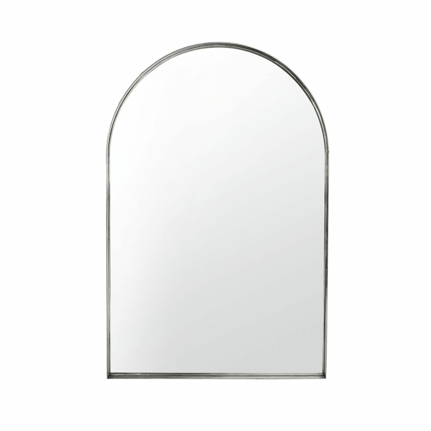 Miroir Kellin Miroir mural avec cadre métallique argenté de forme arrondie, design moderne et épuré