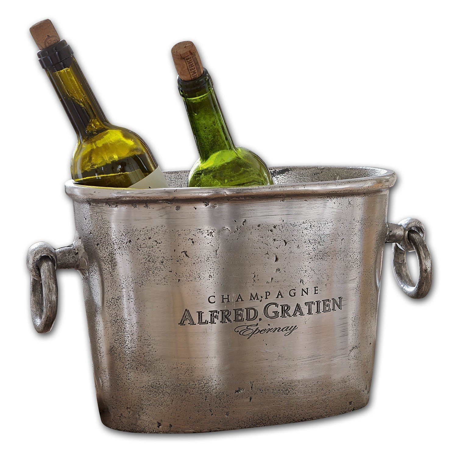 Seau à champagne Alfred Seau à champagne en métal argenté avec inscription Alfred Gratien, contenant deux bouteilles de vin bouchées