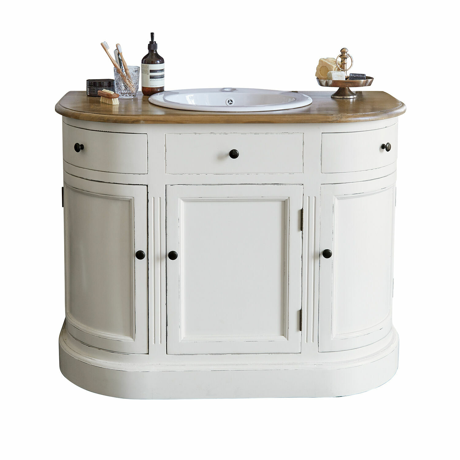 Meuble de salle de bain blanc en bois avec lavabo et plan en bois naturel, style vintage