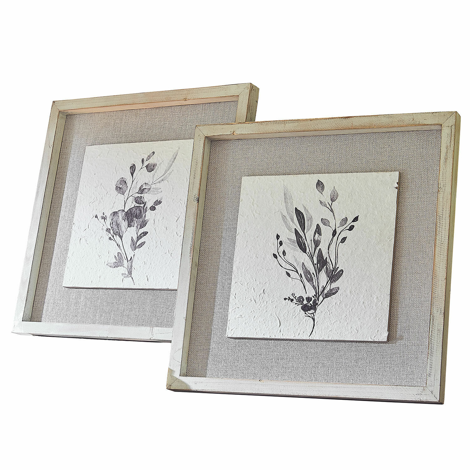 Afbeelding set van 2 Ylivane Set van twee schilderijen met plantenmotief op papier in beige houten lijst voor wanddecoratie