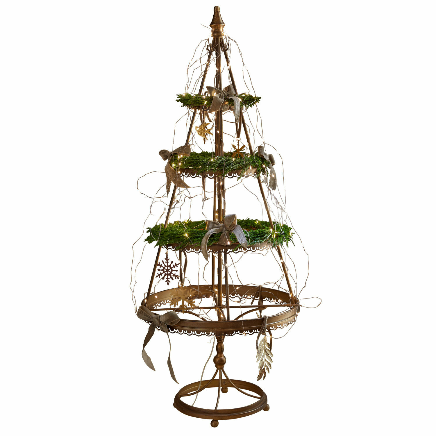 Arbre décoratif Yolivine Décoration de Noël en métal en forme de sapin avec couronnes vertes et guirlandes lumineuses LED