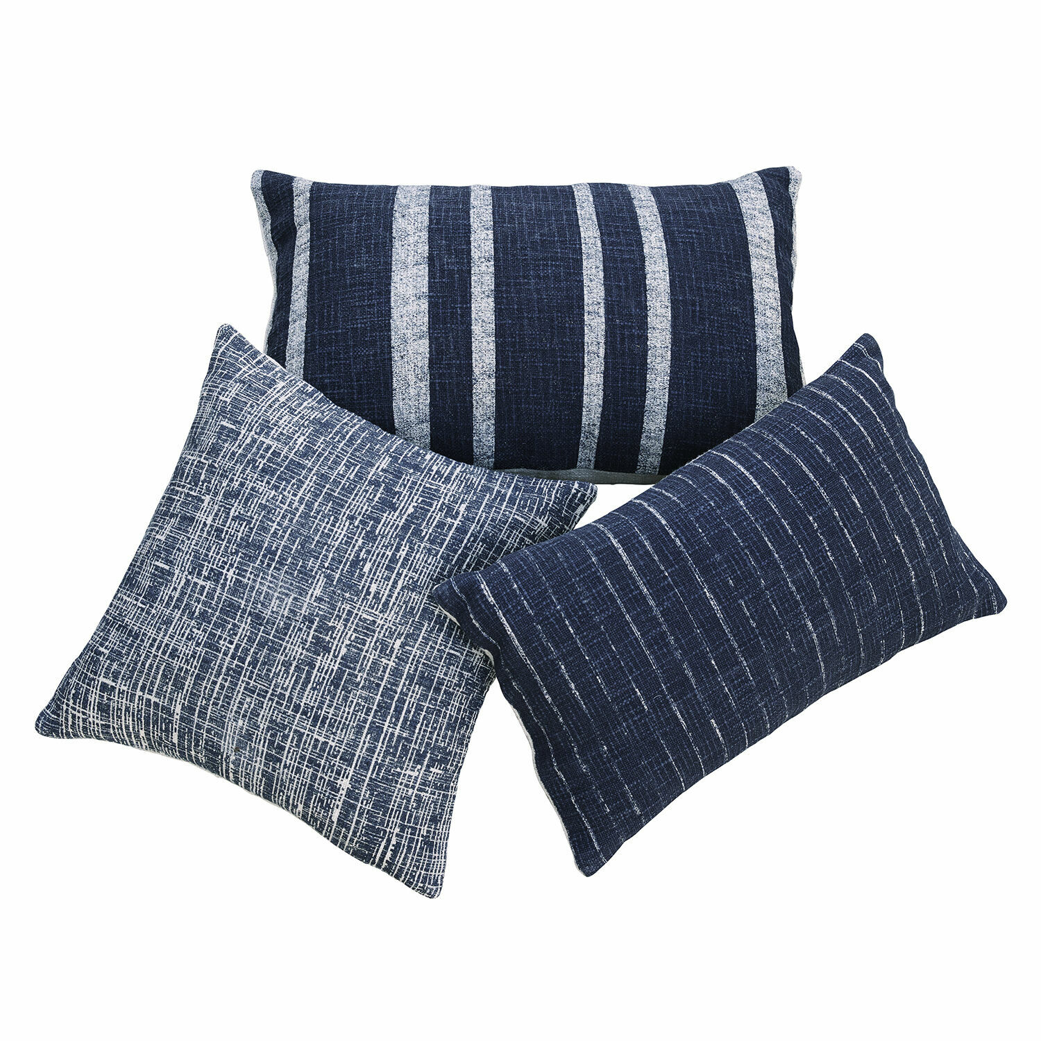Lot de 3 housses de coussins Andulo Ensemble de trois coussins décoratifs en tissu bleu marine avec motifs variés pour décoration intérieure