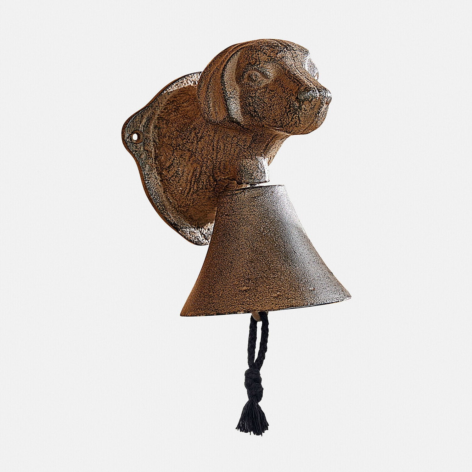 Cloche murale en fonte marron avec tête de chien et cordelette noire pour sonner