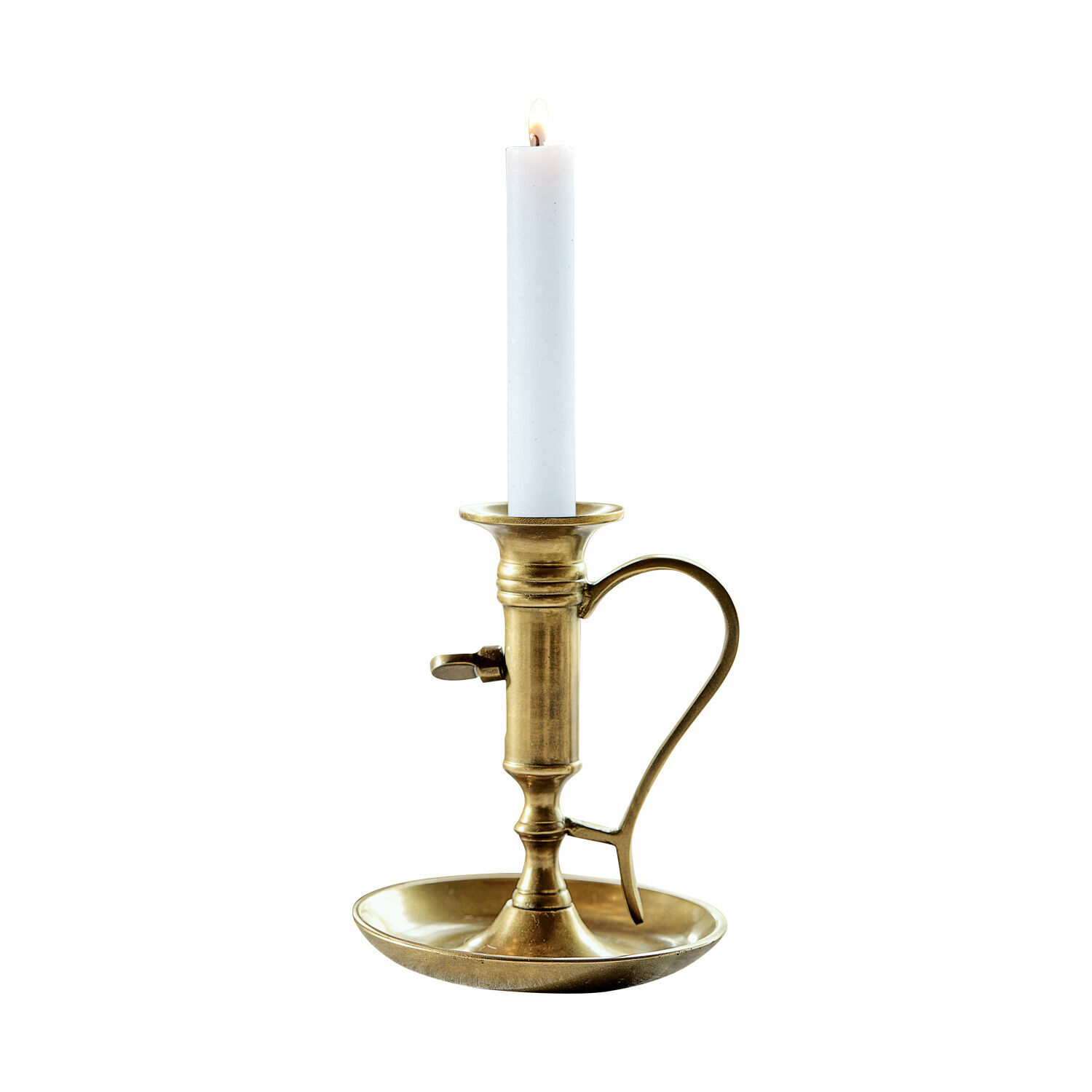 Messing kandelaar met handvat en witte kaars, klassiek decoratief verlichtingsobject