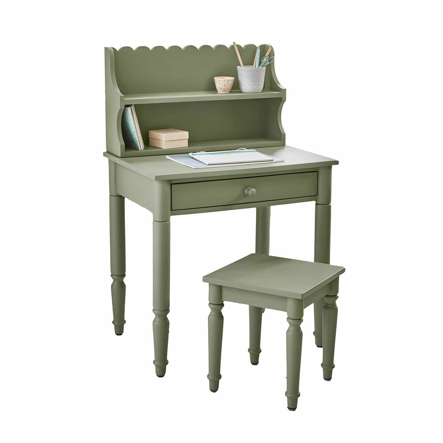 Bureau vert en bois avec étagères et tabouret, meuble fonctionnel pour la maison ou le bureau