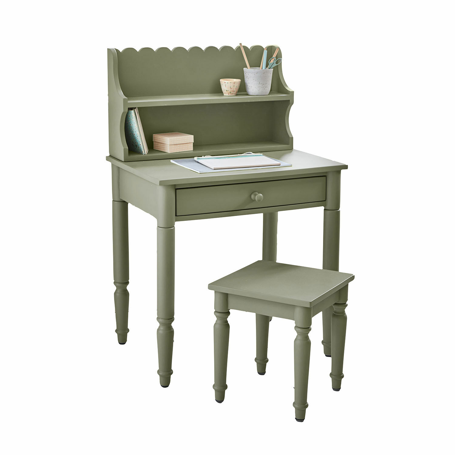 Bureau Kystlund Bureau vert en bois avec étagères et tabouret, meuble fonctionnel pour la maison ou le bureau