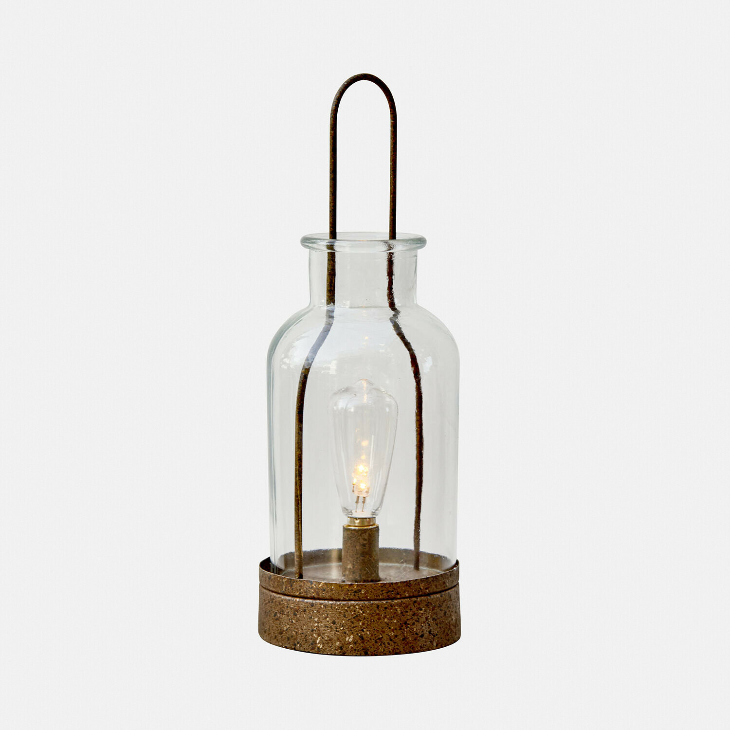 Ledlantaarn Falirah Glazen lantaarn met roestkleurige metalen voet, decoratieve LED-lamp voor binnen en buiten