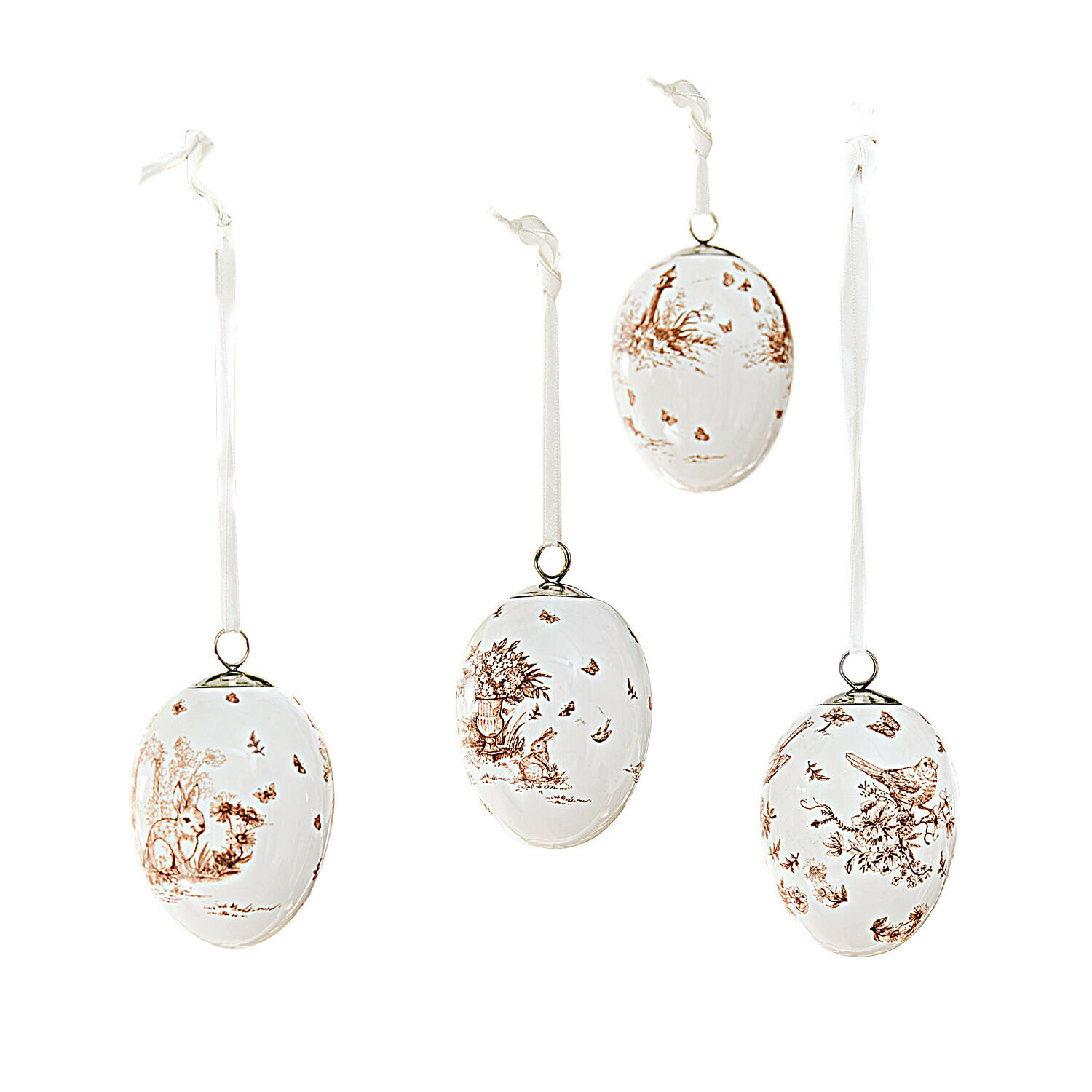 Hanger set van 4 Seravoux Set van vier witte keramische eieren met bruine dieren- en plantenmotieven, hangende paasdecoraties aan lint