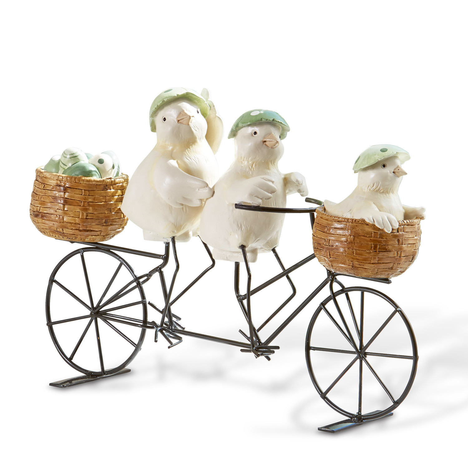 Décoration en métal et céramique avec trois oiseaux blancs sur un vélo, casques verts et paniers tressés