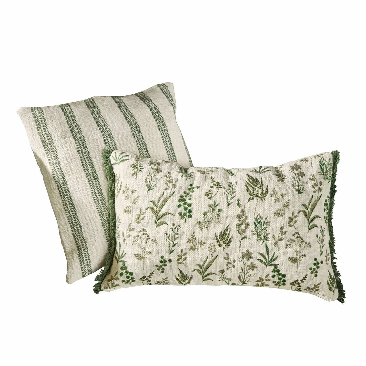 Lot de 2 housses de coussin Wescombe Ensemble de deux coussins décoratifs en coton avec motifs végétaux verts et rayures crème