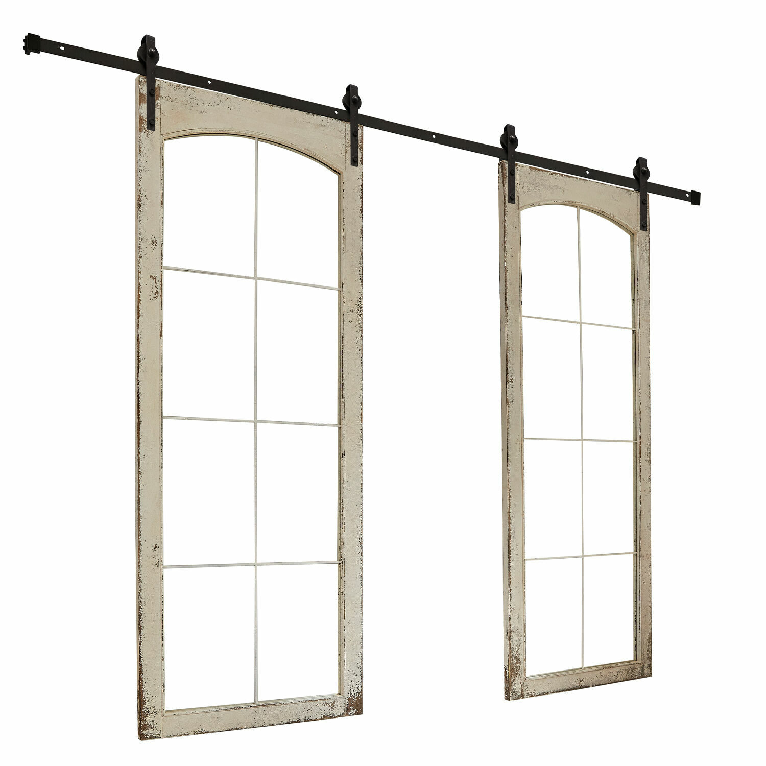 Dubbele schuifdeur Incles Dubbele schuifdeur van wit verweerd hout met zwarte metalen rail voor vintage interieur