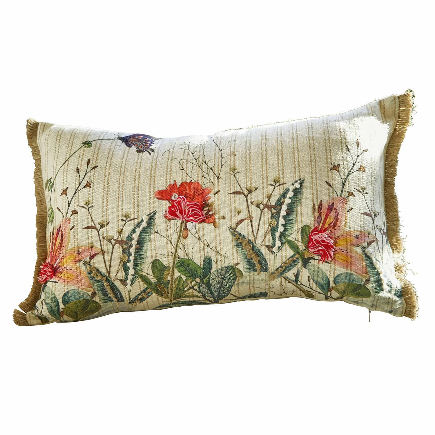 Housse de coussin Floriania Coussin rectangulaire en coton beige rayé avec imprimé floral coloré et franges décoratives