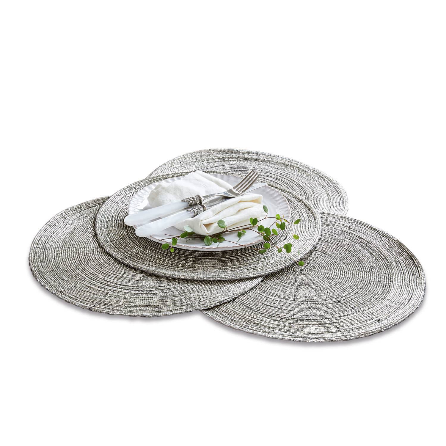 Placemat set van 4 Barningham Set van drie ronde zilveren placemats van gevlochten materiaal voor stijlvolle tafeldecoratie
