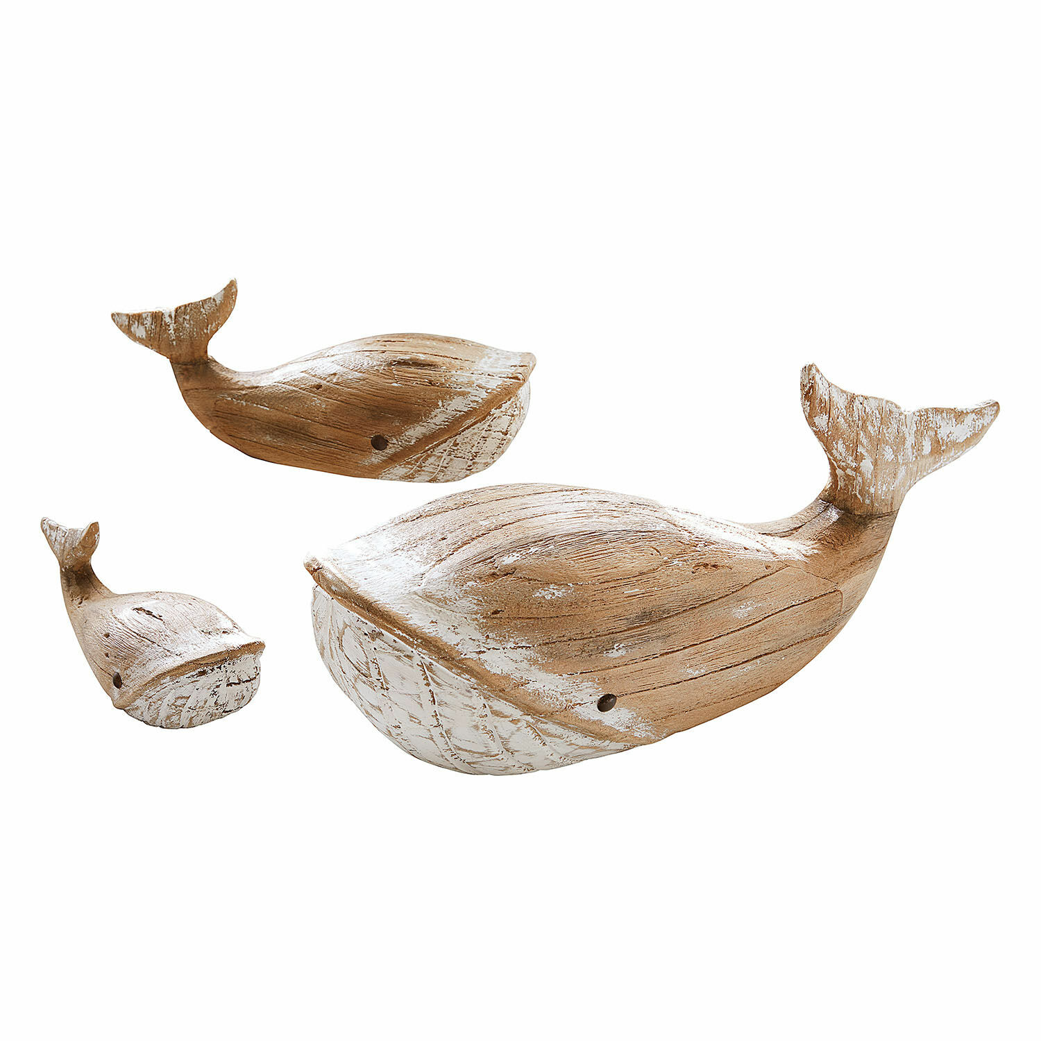 Walvis set van 3 Breezie Set van drie houten walvisdecoraties in natuurlijke kleur met witte accenten, woondecoratie.