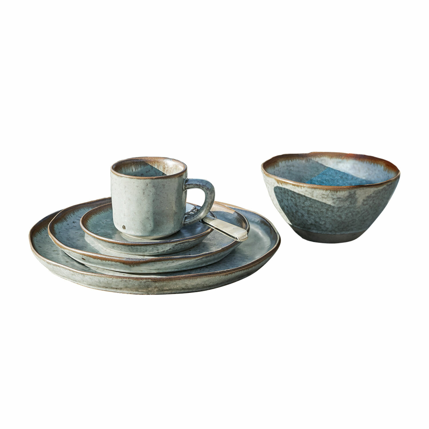 turquoise/bruin 30-delige Biarritz servies set van keramiek in turquoise en bruin, ideaal voor tafelen