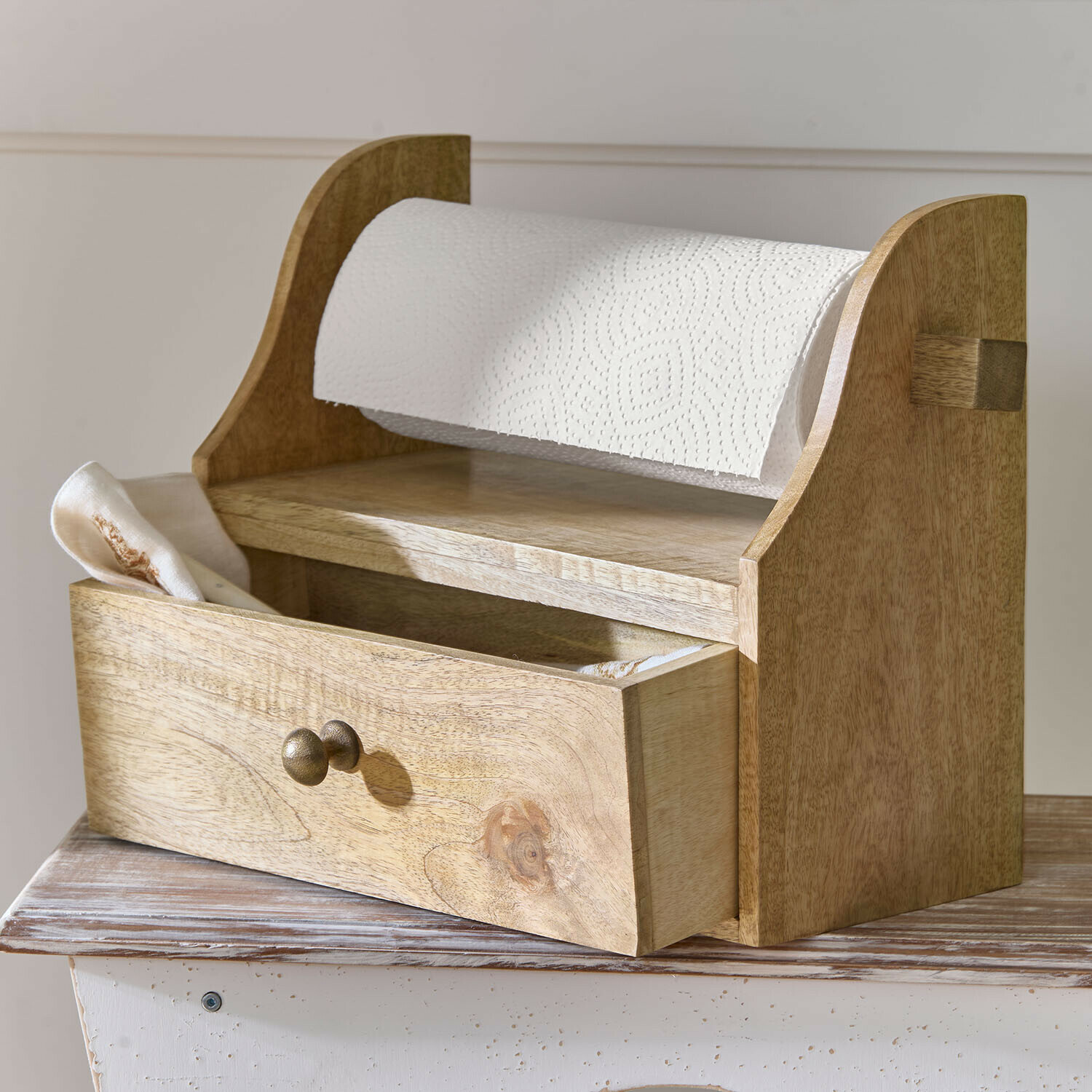 Rangement Roisenn Porte-essuie-tout en bois naturel avec tiroir pour serviettes, rangement pratique pour cuisine