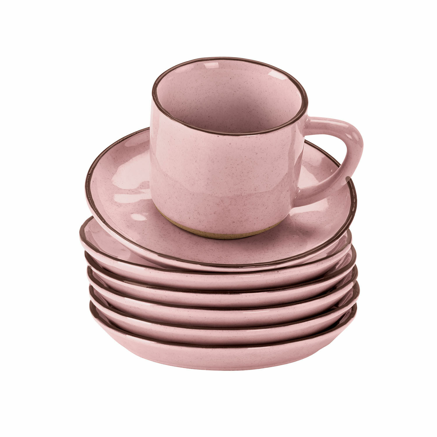 Kopje en schoteltje set van 6 Biarré Roze keramische kopjes en schotels met bruine rand voor koffie en thee