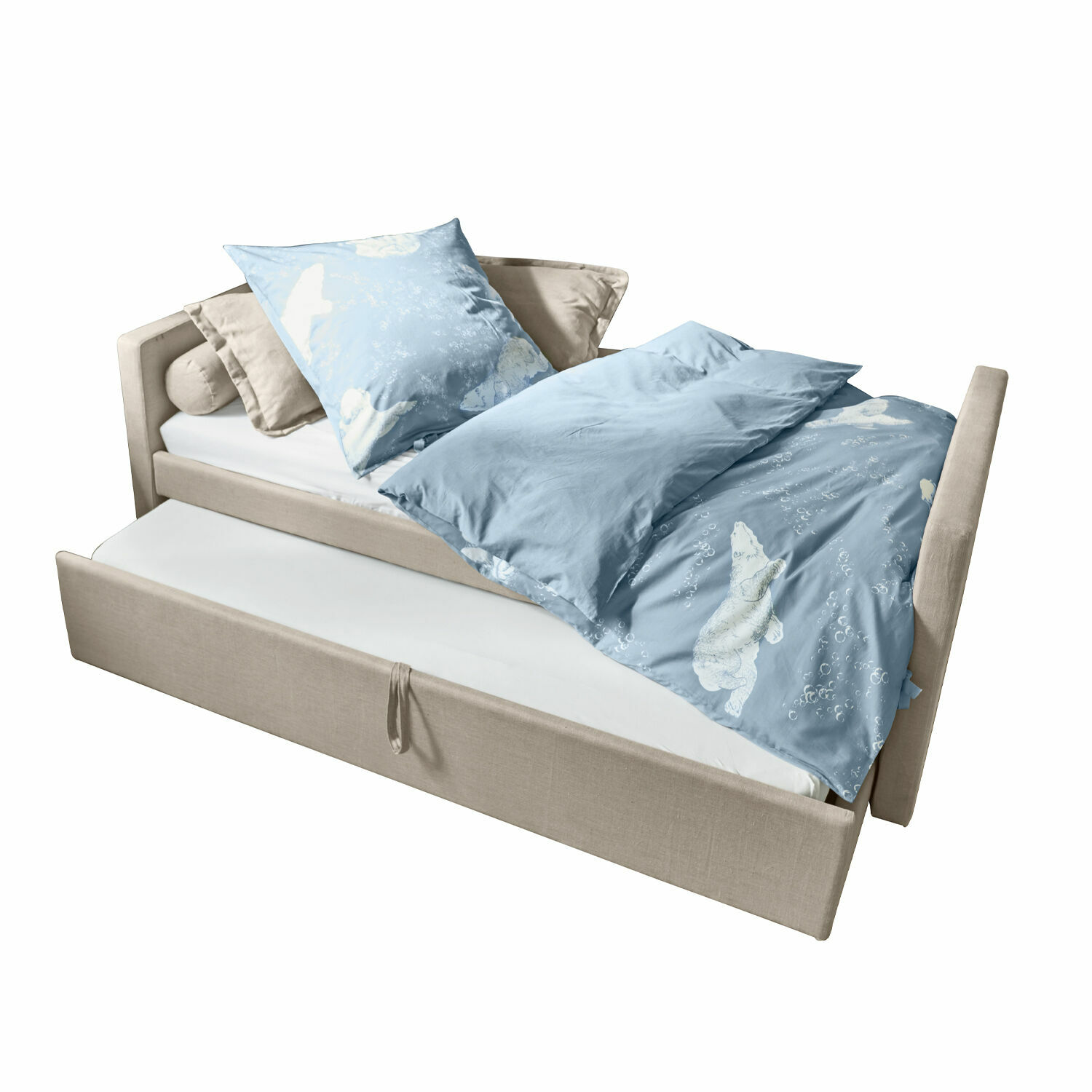 Bed Thistlewood Beige bed met uitschuifmatras en blauw beddengoed met ijsbeerprint, stofmateriaal