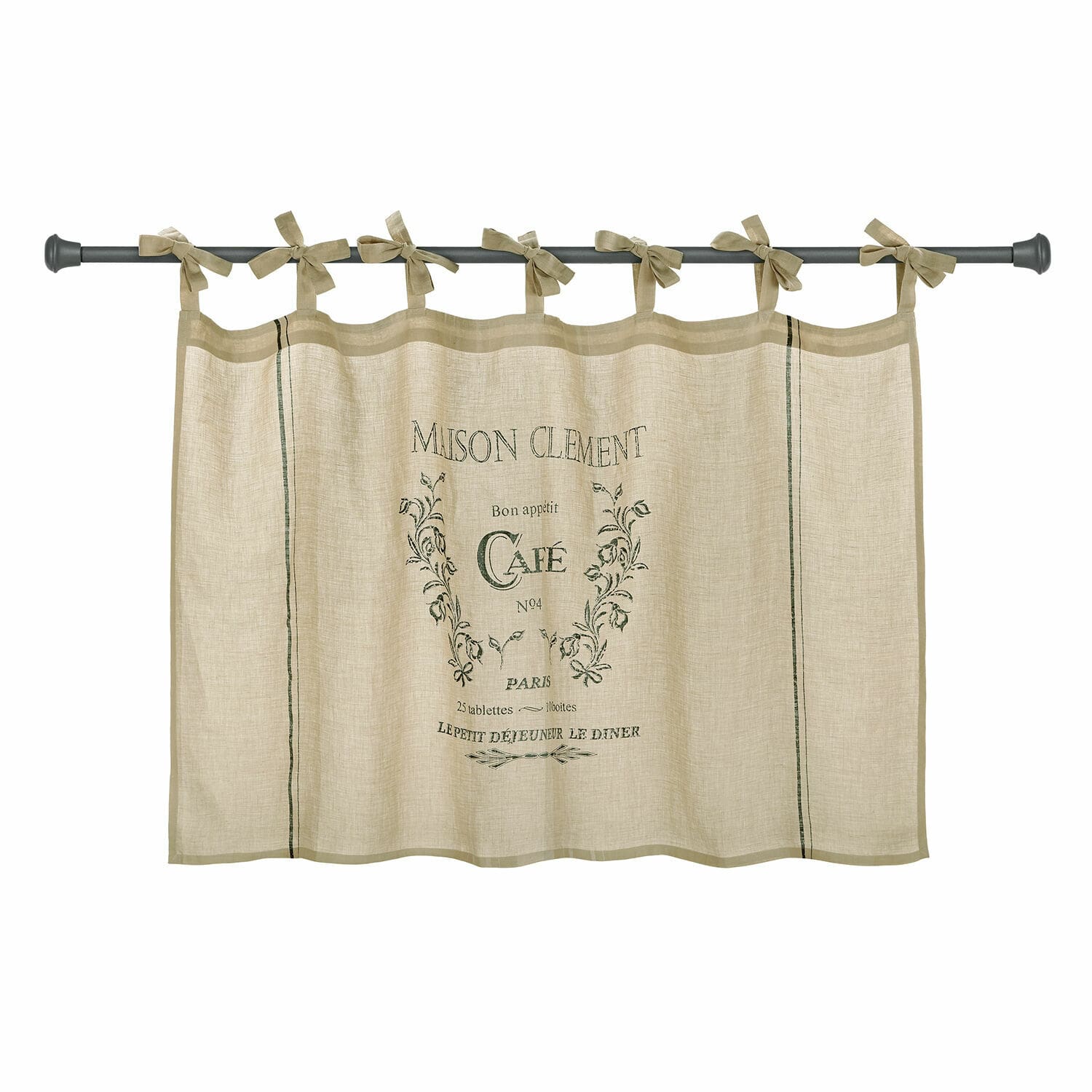 Brise-bise Girest Rideau beige en lin avec impression café et liens noués pour cuisine vintage