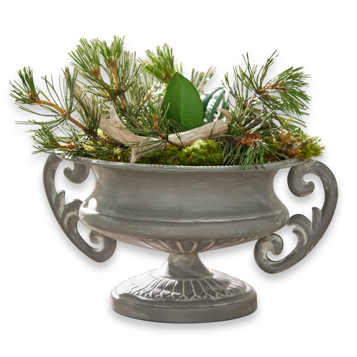Grijze metalen bloempot Taville met decoratieve handgrepen en groene sierplanten