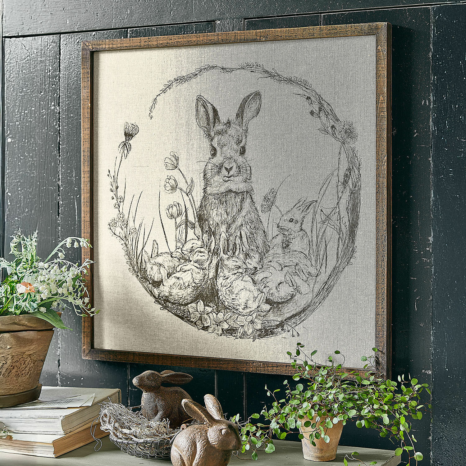 Decoratieve afbeelding Orolac Schilderij met tekening van konijnen en bloemen in houten lijst, rustieke wanddecoratie