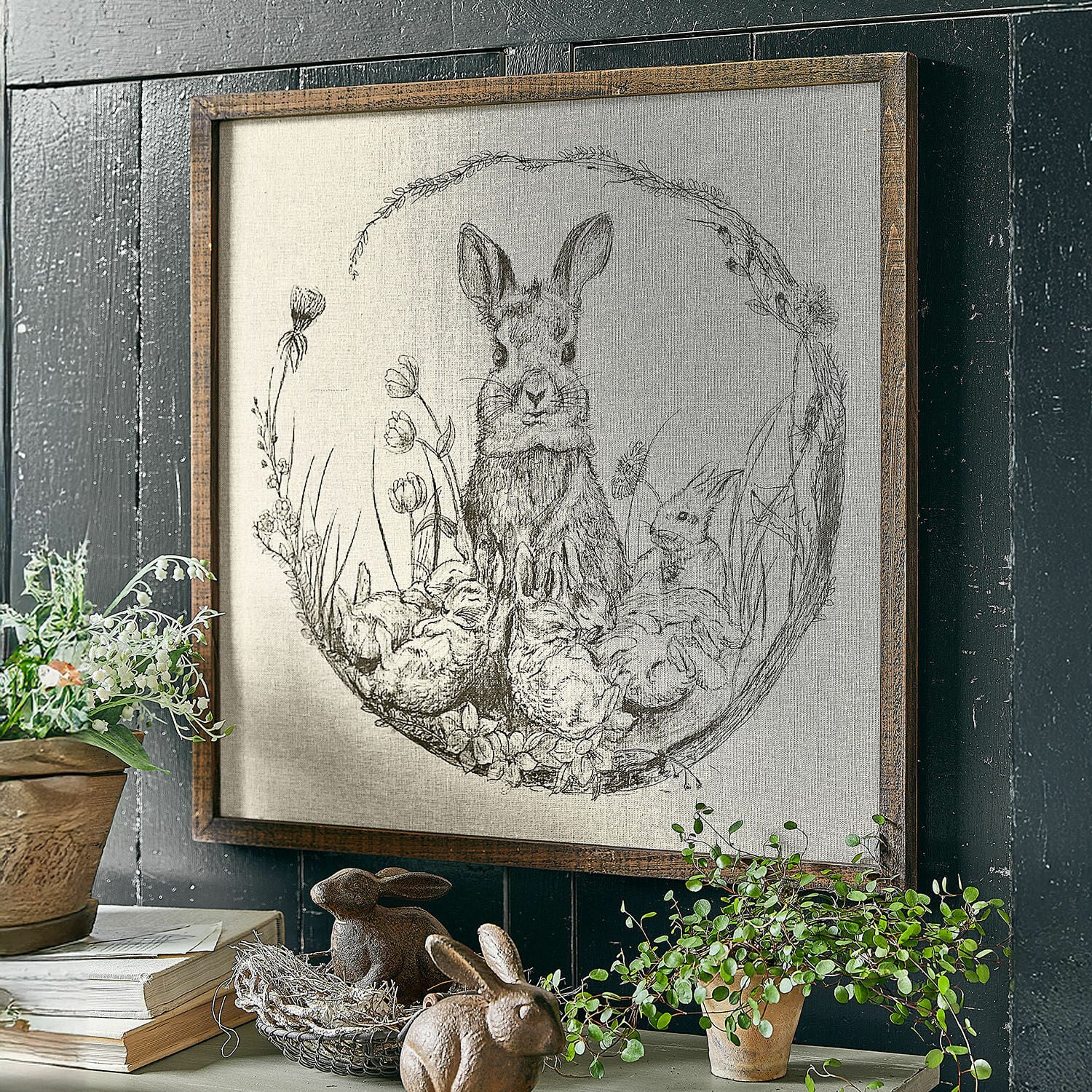 Decoratieve afbeelding Orolac Schilderij met tekening van konijnen en bloemen in houten lijst, rustieke wanddecoratie
