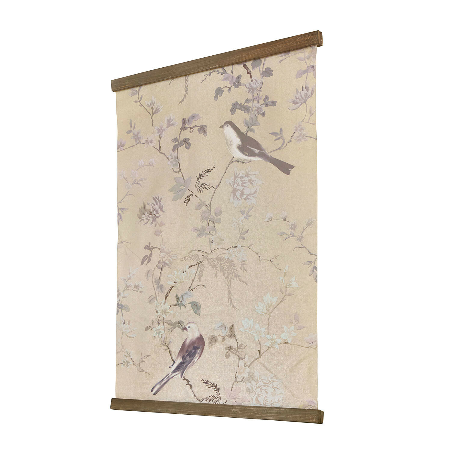 Tableau Florémont Panneau mural décoratif en tissu beige avec motif d'oiseaux et fleurs, encadrement en bois