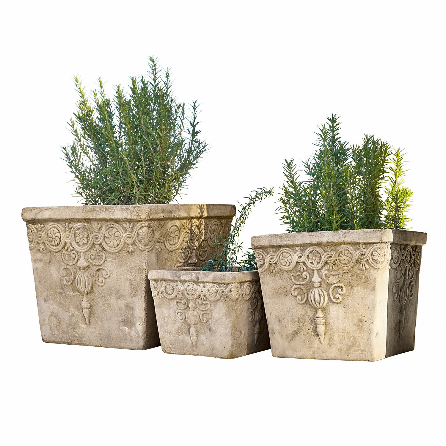 Lot de 3 cache-pots Bissone Ensemble de trois pots décoratifs en béton beige avec plantes vertes pour jardin extérieur