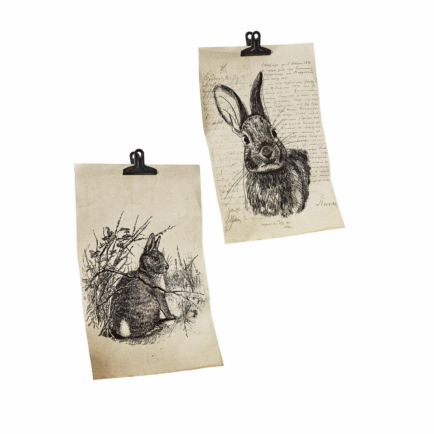 Lot de 2 tableaux Meursault Deux affiches décoratives avec dessins de lapins en noir et blanc sur fond beige avec pinces