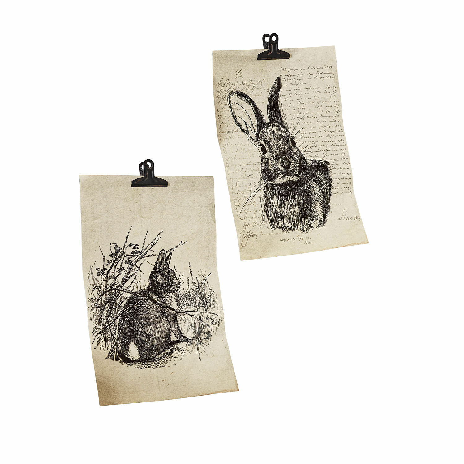 Afbeelding set van 2 Meursault Twee decoratieve posters met zwart-witte konijntekeningen op beige achtergrond met klemmen