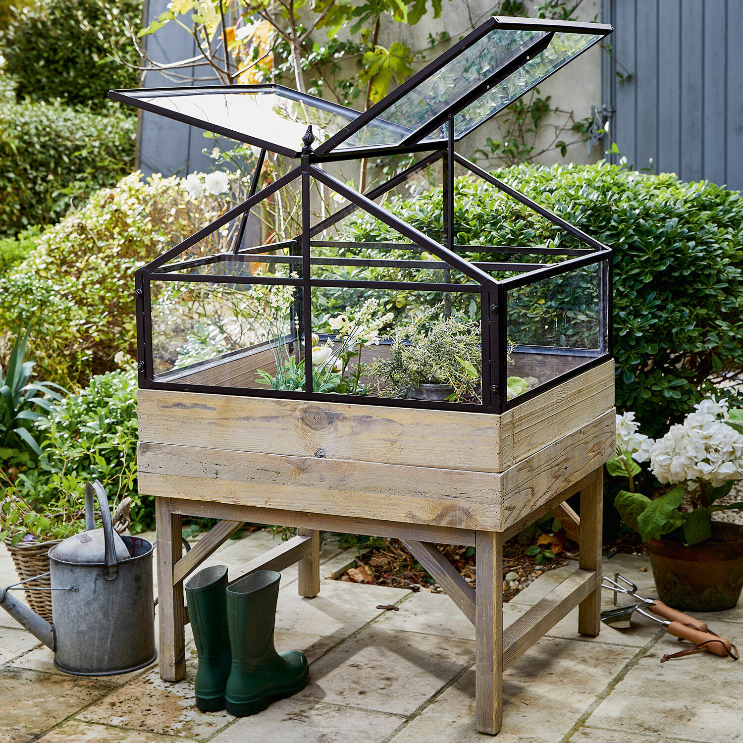 Potager surélevé Milltown Jardinière surélevée en bois avec cadre métallique noir et vitres transparentes pour jardin