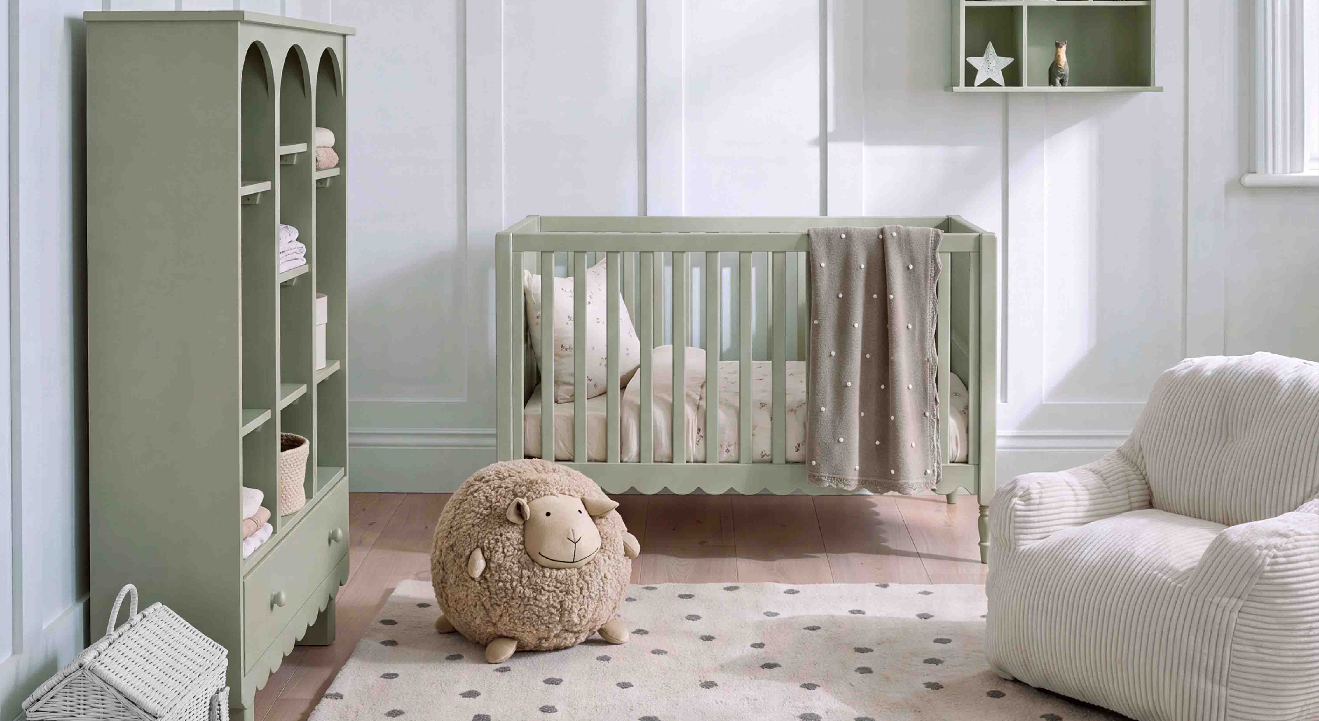 Lit bébé et étagère en bois vert menthe dans une chambre d'enfant avec peluche mouton