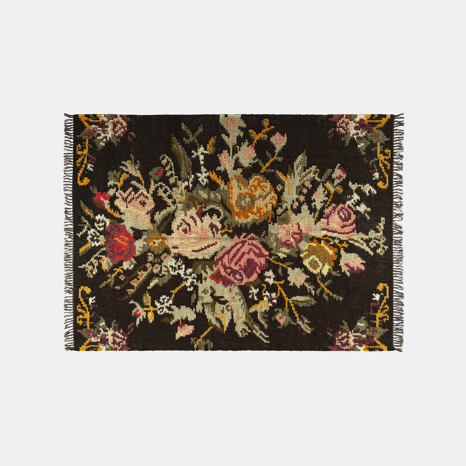 Donkere vloerkleed met bloemmotief in roze, oranje en groen, decoratief textiel vloerkleed voor interieur