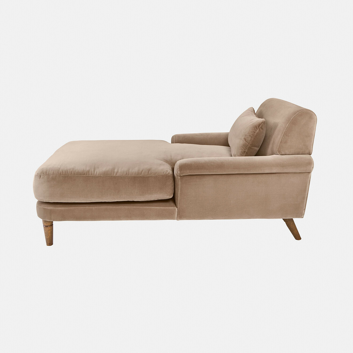 beige Beige chaise longue van zachte stof met kussen en houten poten voor comfortabele ontspanning