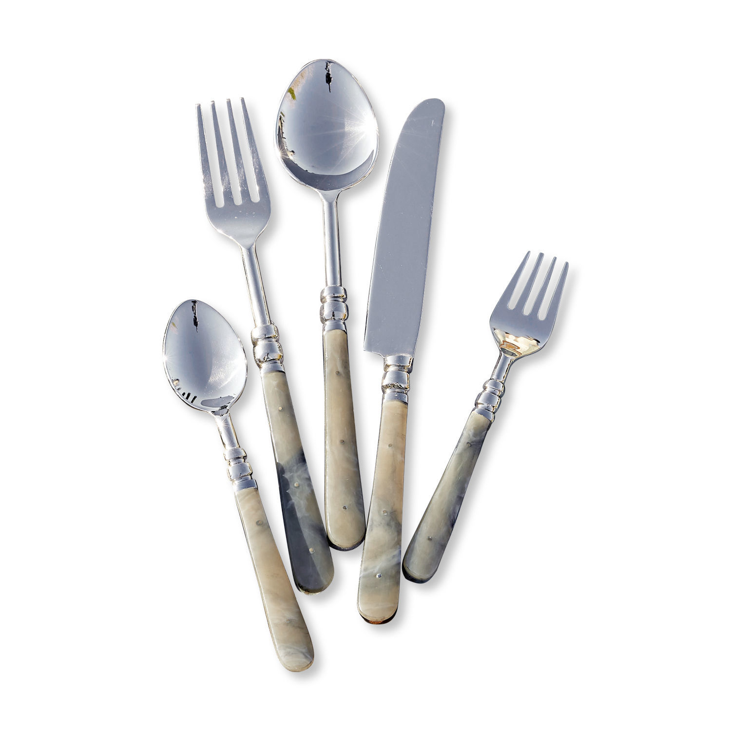Bestek set van 5 Kumar Bestekset met marmeren handvatten en roestvrijstalen uiteinden, elegant ontwerp voor de eettafel