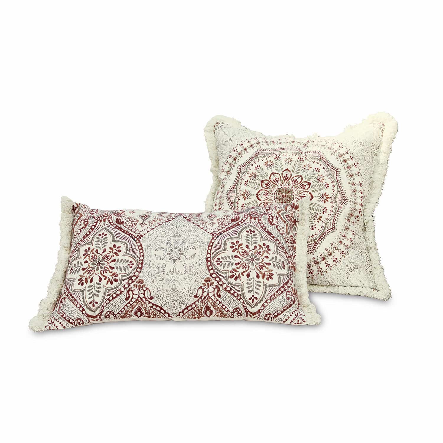 Lot de 2 housses de coussins Margret Ensemble de deux coussins décoratifs en coton crème et rouge avec franges et motifs floraux