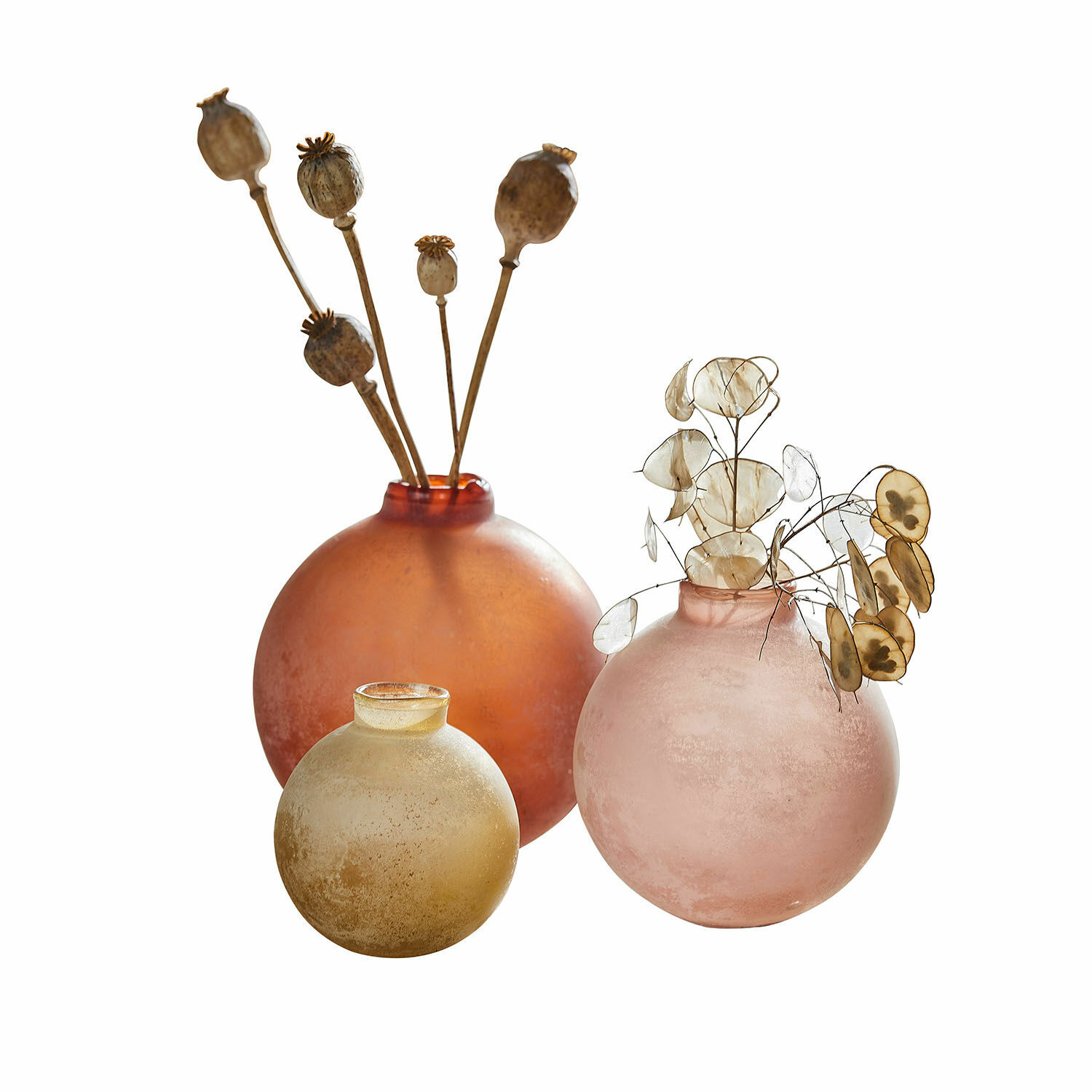 Vaas set van 3 Imbrianno Set van drie matte glazen vazen in oranje, roze en geel met gedroogde bloemen voor interieurdecoratie