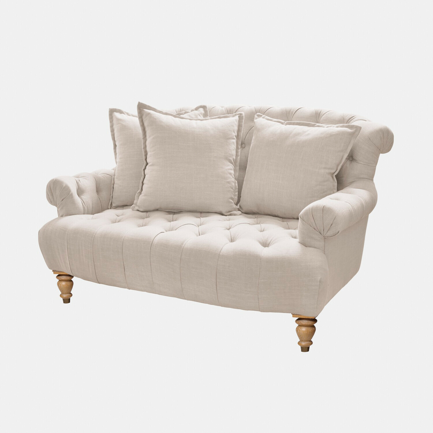 Bank Springfield Village Beige stoffen bank met gestoffeerde rugleuning en houten poten, comfortabele kussens