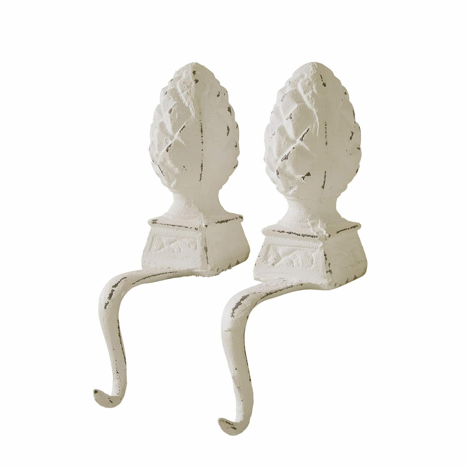 IJzeren dennenappel set van 2 Lucielle Set van twee witte metalen wandhaken met dennenappelmotief voor interieurdecoratie