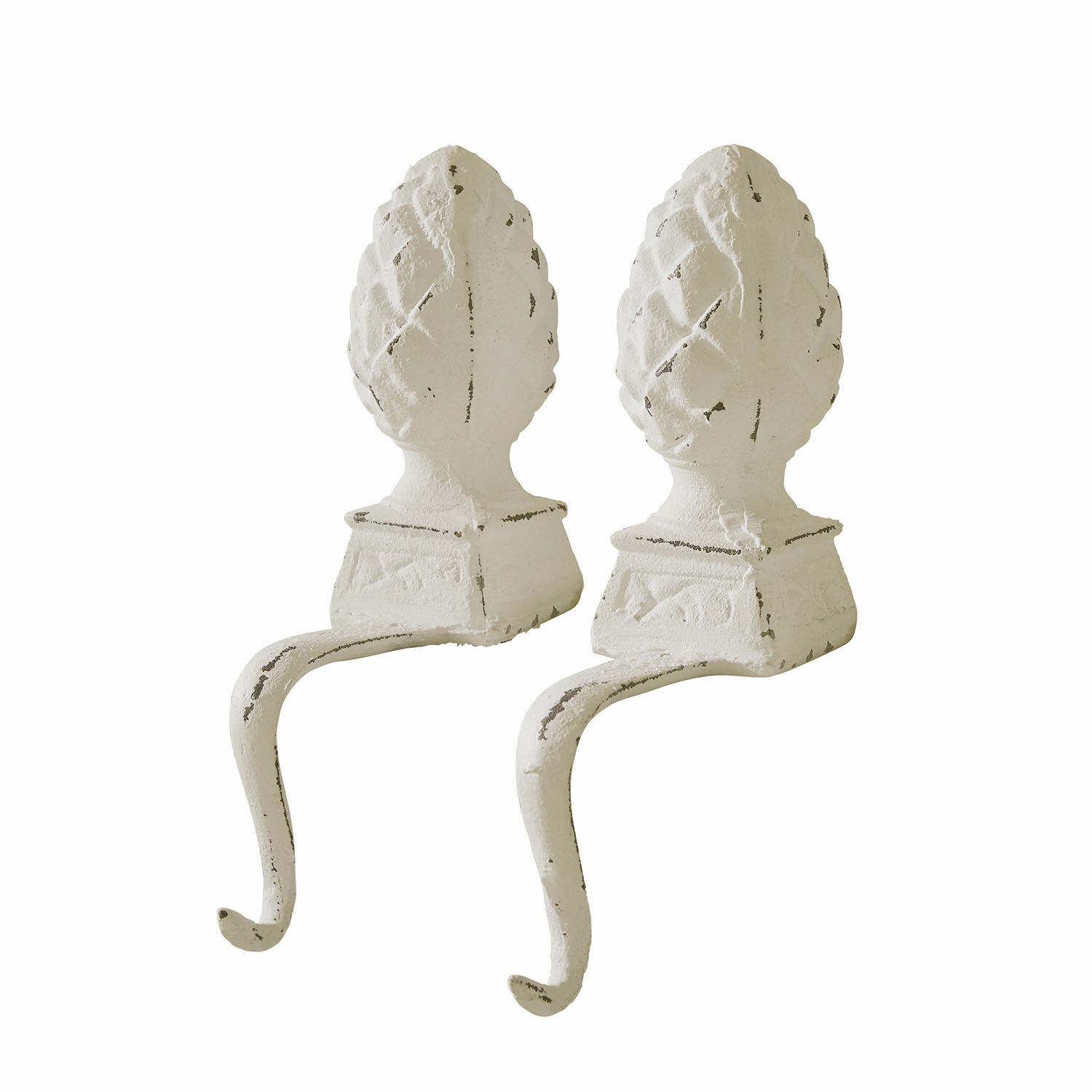 IJzeren dennenappel set van 2 Lucielle Set van twee witte metalen wandhaken met dennenappelmotief voor interieurdecoratie
