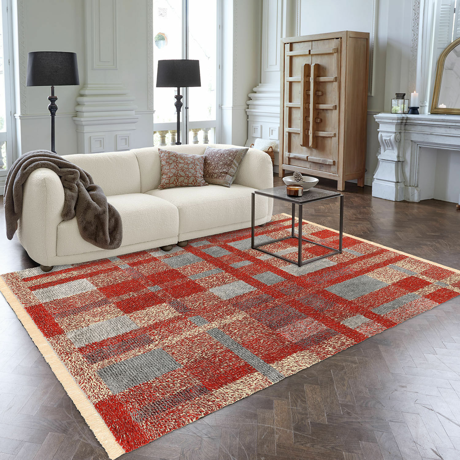 Vloerkleed Serenith Vloerkleed met geometrisch patroon in rood en grijs op houten vloer in moderne woonkamer