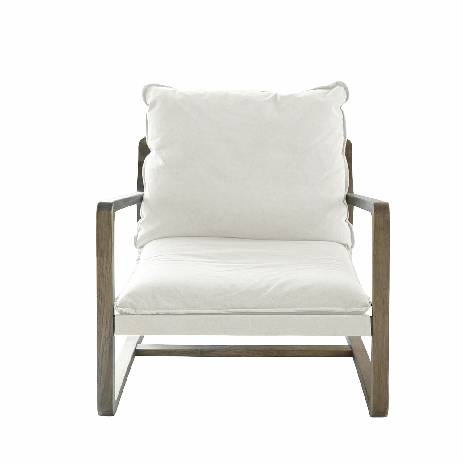 Fauteuil Jowna en tissu crème avec cadre en bois brun, siège confortable pour salon