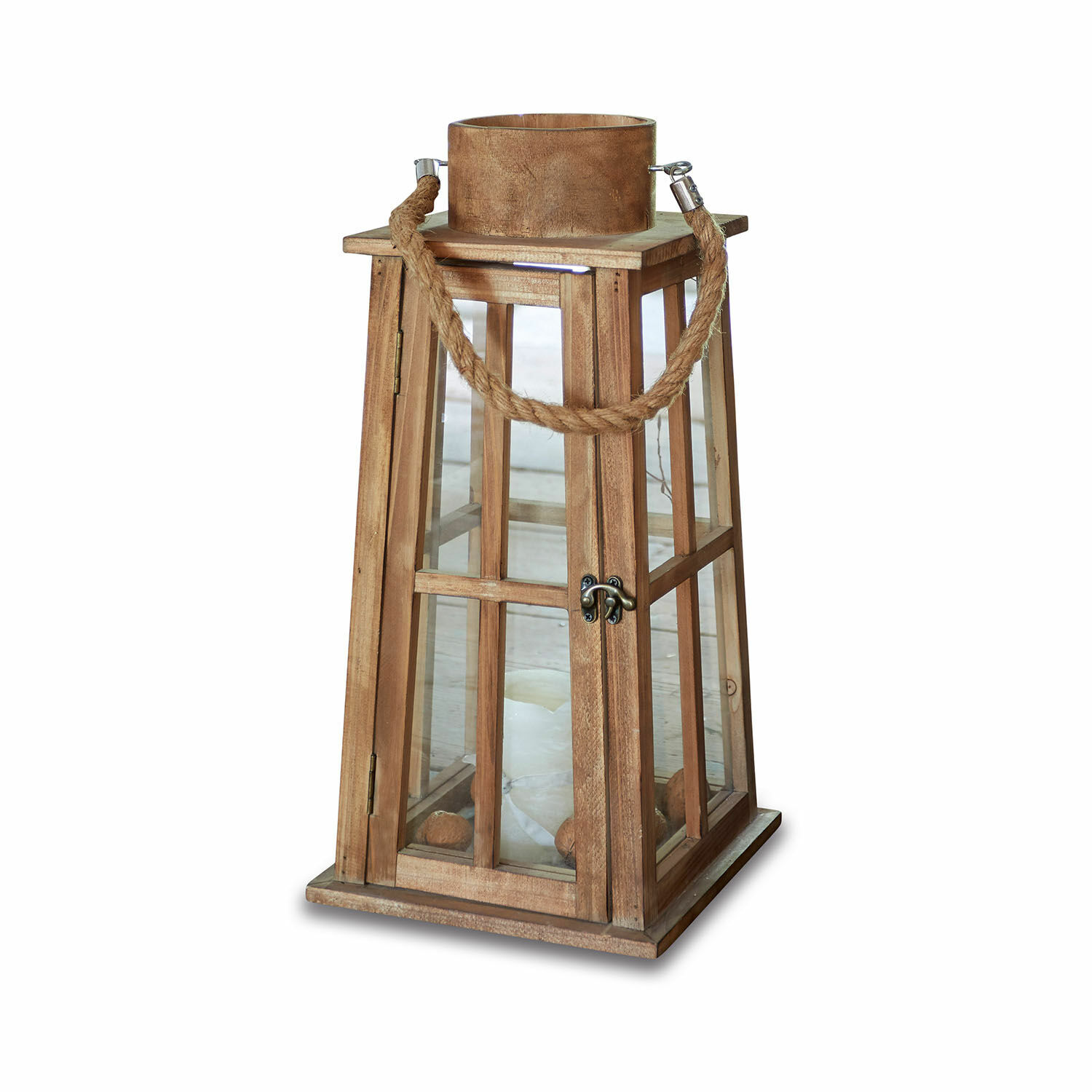 Lantaarn Illtra Houten lantaarn met helder glas en touwhandvat, decoratie voor binnen en buiten