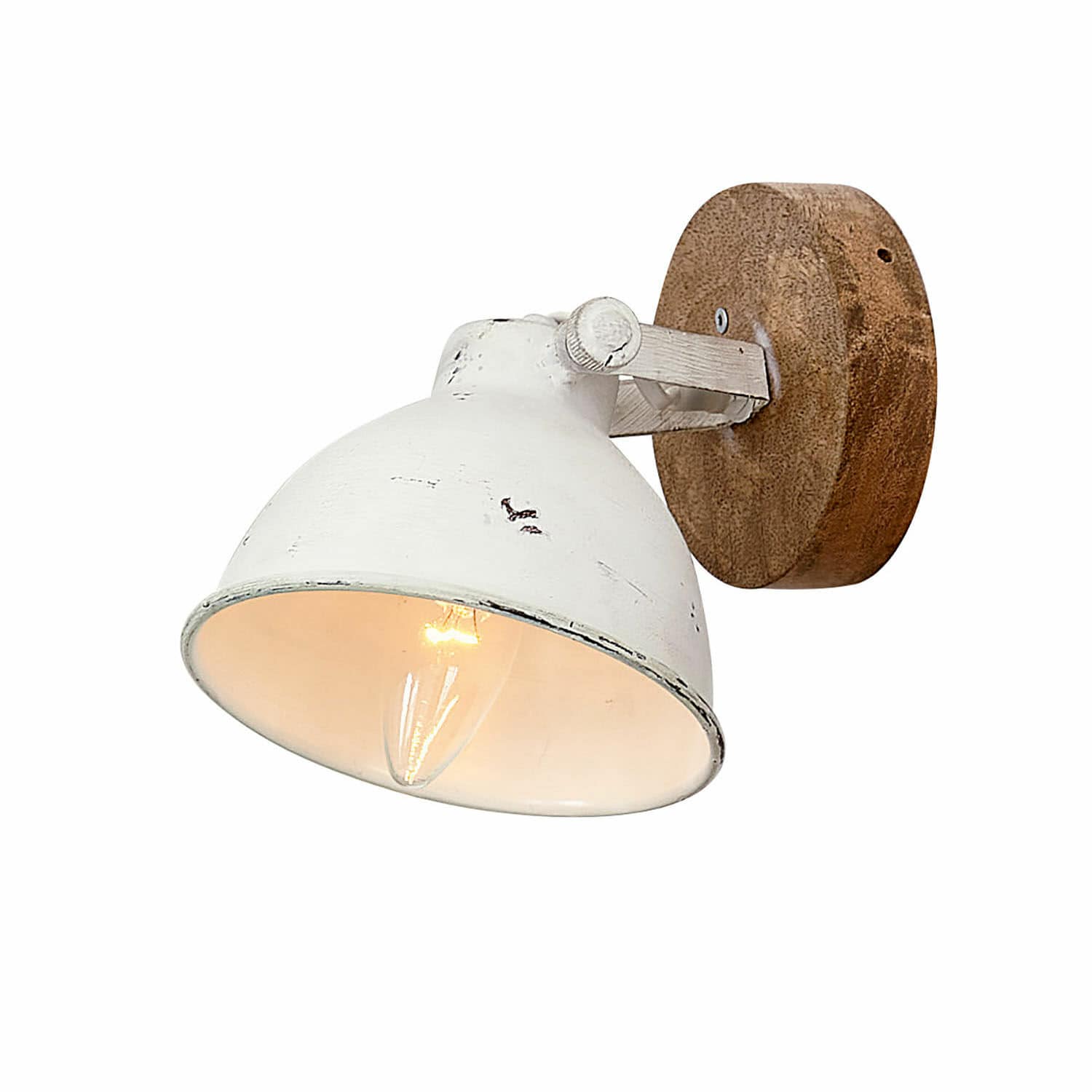 Wandlamp Ballée Witte metalen wandlamp met houten basis in vintage stijl voor binnenverlichting